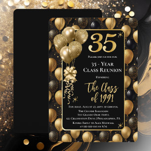 Invitación Globos Elegantes de Oro Negro Reunión de Clase de 
