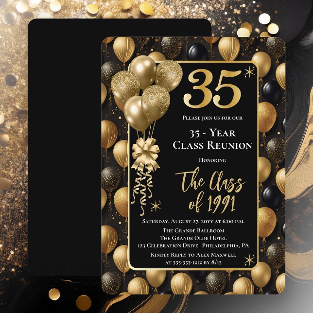 Invitación Globos Elegantes de Oro Negro Reunión de Clase de  (Elegant 35 Year Black and Gold Tone Faux Glitter Balloons Class Reunion Invitations -Print | Digital)