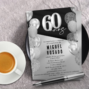 Invitación Globos Elegantes Negros Plateados Cumpleaños 60 An
