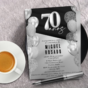 Invitación Globos Elegantes Negros Plateados Fiesta de Cumple