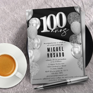 Invitación Globos Elegantes Negros Plateados Fiesta de Cumple