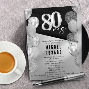 Invitación Globos Elegantes Negros Plateados Fiesta de Cumple