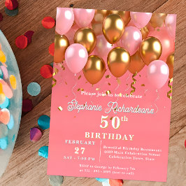 Invitación Globos Elegantes Rosa y Dorado Cumpleaños 50