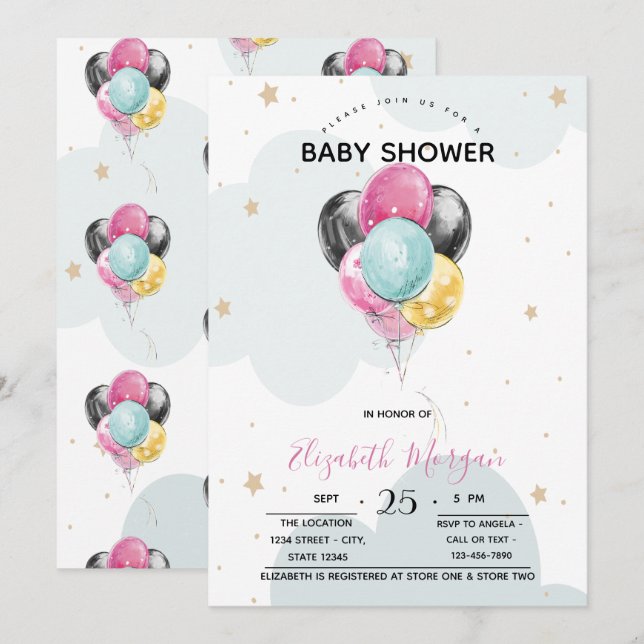 Invitación Globos,Estrellas,Nubes Lindas (Anverso / Reverso)