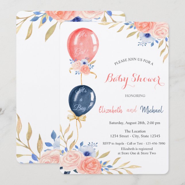 Invitación Globos Fiesta Floral de Baby Shower (Anverso / Reverso)