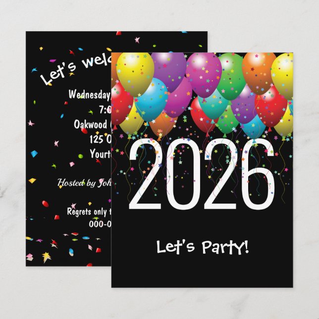 Invitación Globos Fiestas de Año Nuevo 2026 (Anverso / Reverso)