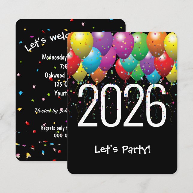Invitación Globos Fiestas de Año Nuevo 2026 (Anverso / Reverso)