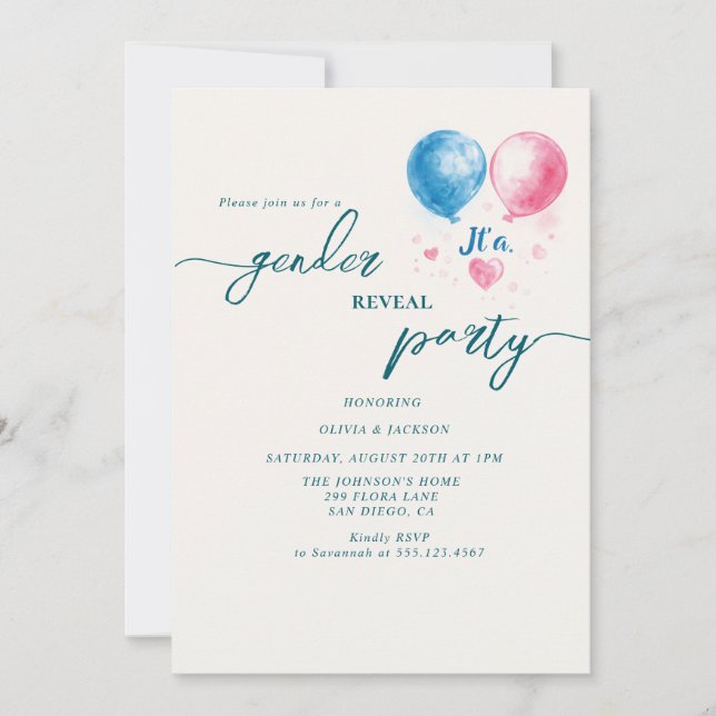 Invitación globos fiestas rojos y azules (Anverso)