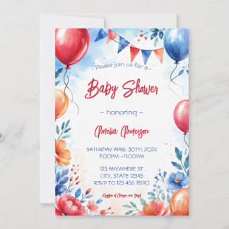 Invitación Globos Florales Acuarela Niño Niña Baby Shower