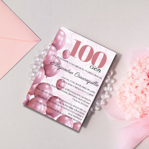 Invitación Globos Florales Rosa Español Cumpleaños 100