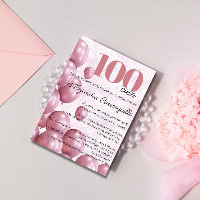 Invitación Globos Florales Rosa Español Cumpleaños 100 (Subido por el creador)