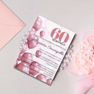 Invitación Globos Florales Rosa Español Cumpleaños 60