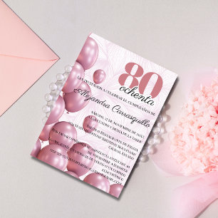 Invitación Globos Florales Rosa Española para Cumpleaños 80