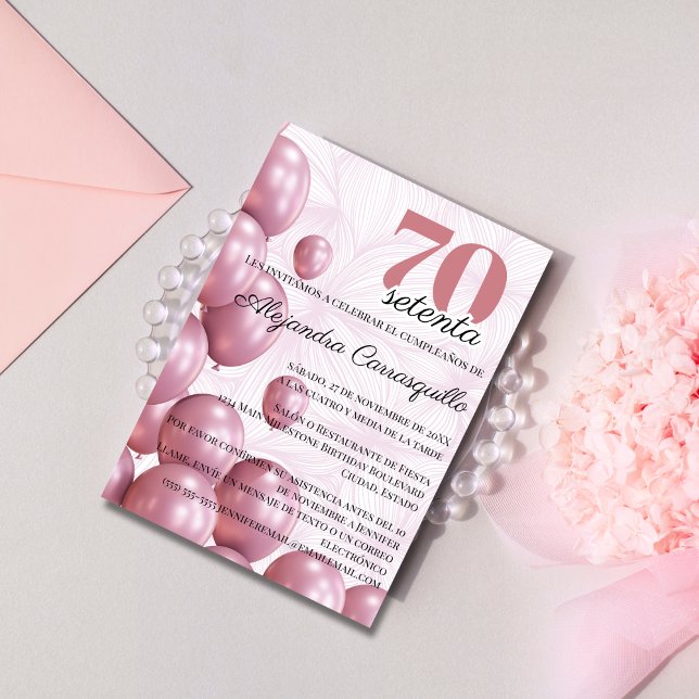 Invitación Globos Florales Rosa Española Rubor Cumpleaños 70 (Subido por el creador)