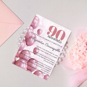 Invitación Globos Florales Rosa Española Rubor Cumpleaños 90