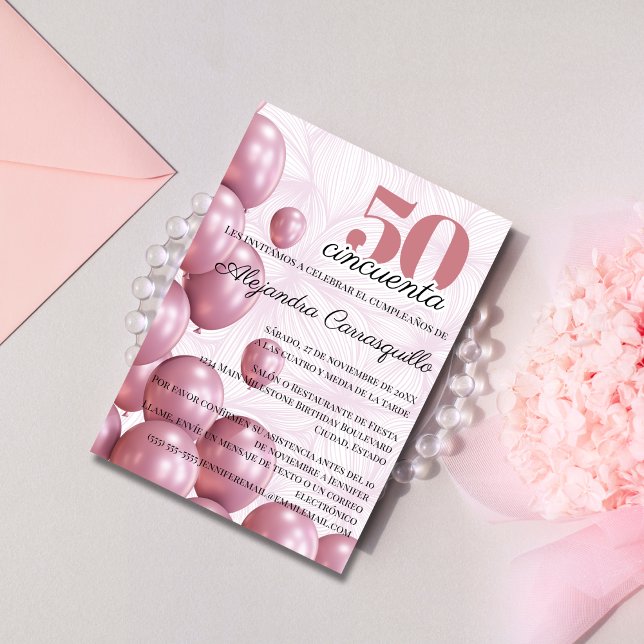Invitación Globos Florales Rosa Rosa Española Cumpleaños 50 (Subido por el creador)