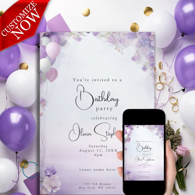 Invitación Globos Florales Sueños de Lila QR Cumpleaños  (Text is easy to customize )