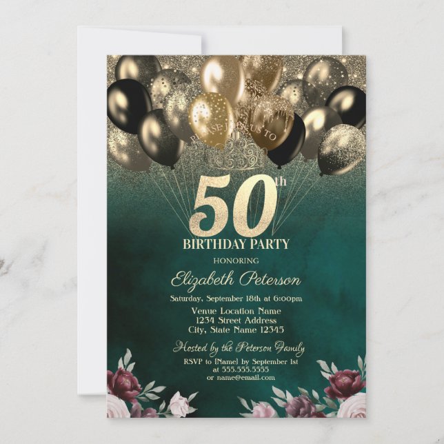 Invitación Globos Flores Verde Brillante Dorado Cumpleaños 50 (Anverso)