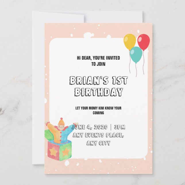 Invitación Globos Fronteras rosadas Bebé Niña Juguete Primer  (Anverso)