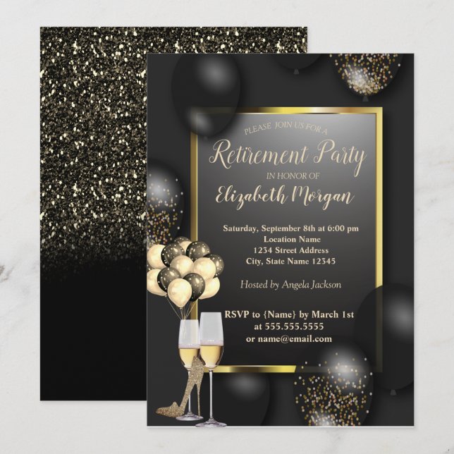 Invitación Globos, glas, talones altos, jubilación negra (Anverso / Reverso)