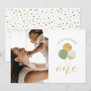 Invitación Globos Gold & Sage   Cumpleaños 1er año del Niño