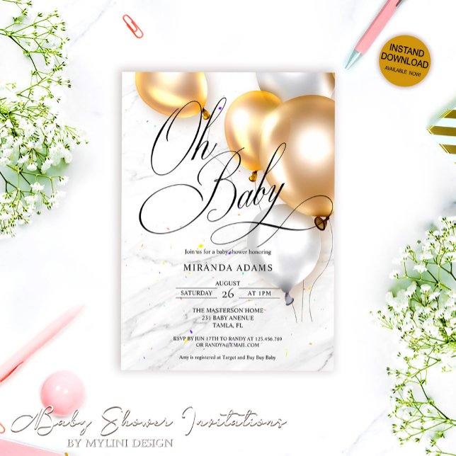 Invitación Globos Gold Silver Sexo Neutal Baby Shower (Subido por el creador)