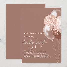 Invitación Globos Guión Rosa Oro Veintiuno Cumpleaños