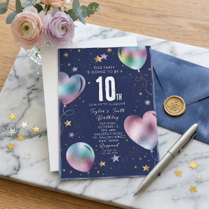 Invitación Globos holográficos de acuarela Cumpleaños 10°