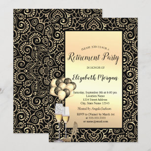 Invitación Globos, Mandala dorado Jubilación negra