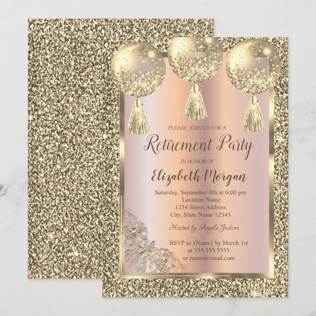 Invitación Globos,Marco de Oro,Rosa Dorado,Brillo Jubilación (Anverso / Reverso)