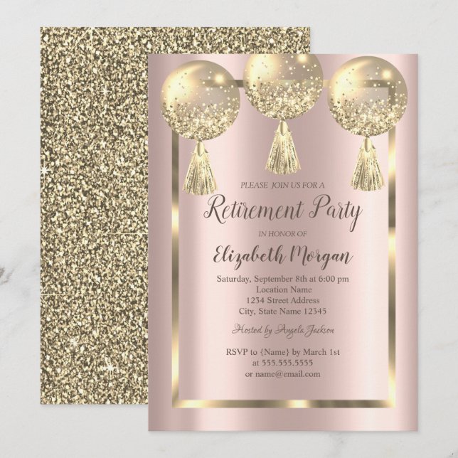 Invitación Globos,Marco,Rosa Dorado,Retiro Brillo Dorado (Anverso / Reverso)