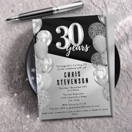 Invitación Globos Masculinos de Plata Negra 30 cumpleaños