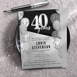 Invitación Globos masculinos de plata negra 40 cumpleaños