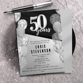Invitación Globos masculinos de plata negra 50 cumpleaños