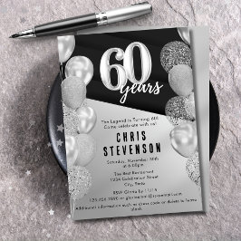 Invitación Globos masculinos de plata negra 60 cumpleaños