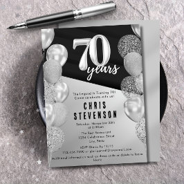 Invitación Globos Masculinos de Plata Negra 70 cumpleaños