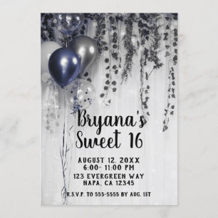 Invitación Globos Metálicos Azul Plateado Hiedra Blanca Dulce