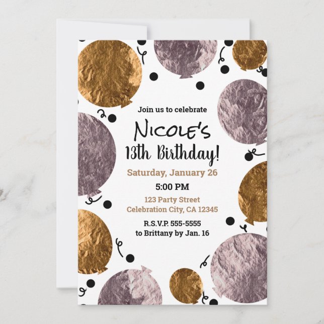 Invitación Globos metálicos con brillo rosa dorado Cumpleaños (Anverso)