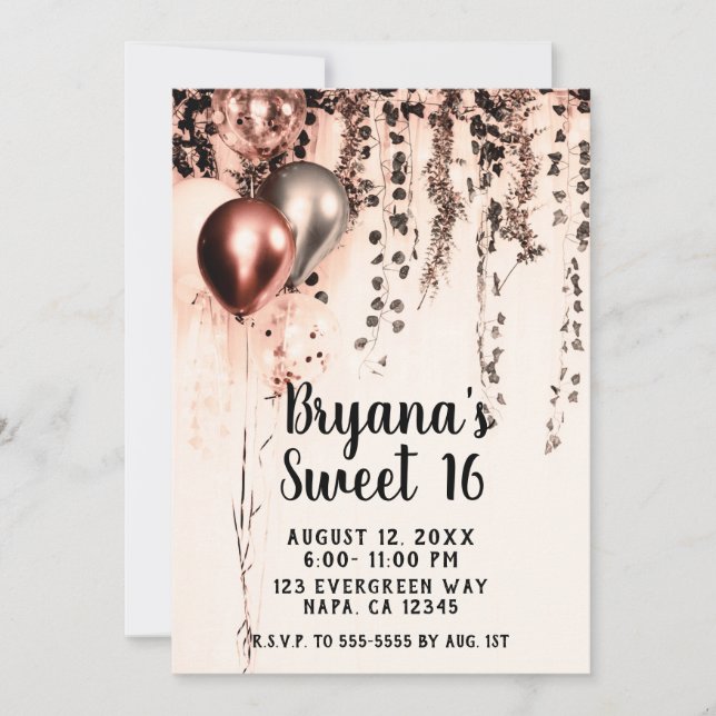Invitación Globos metálicos de crema de oro rosa Sweet 16 (Anverso)