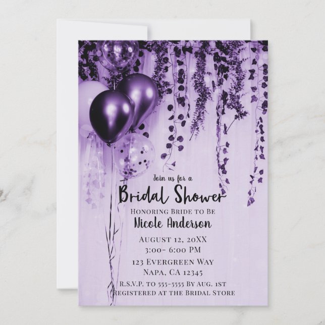 Invitación Globos Metálicos Morados para Fiesta de Despedida  (Anverso)