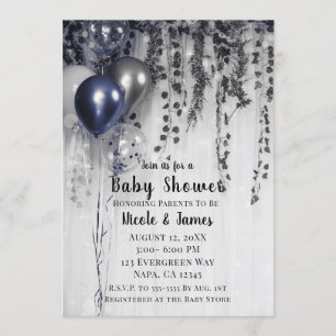 Invitación Globos Metálicos Plateados Azules Baby Shower de H