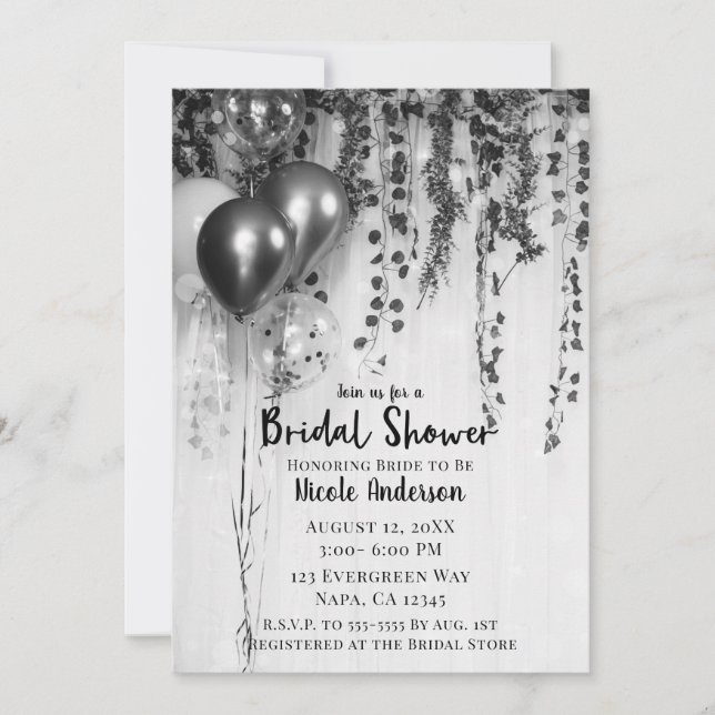 Invitación Globos metálicos plateados ducha de novia marimach (Anverso)
