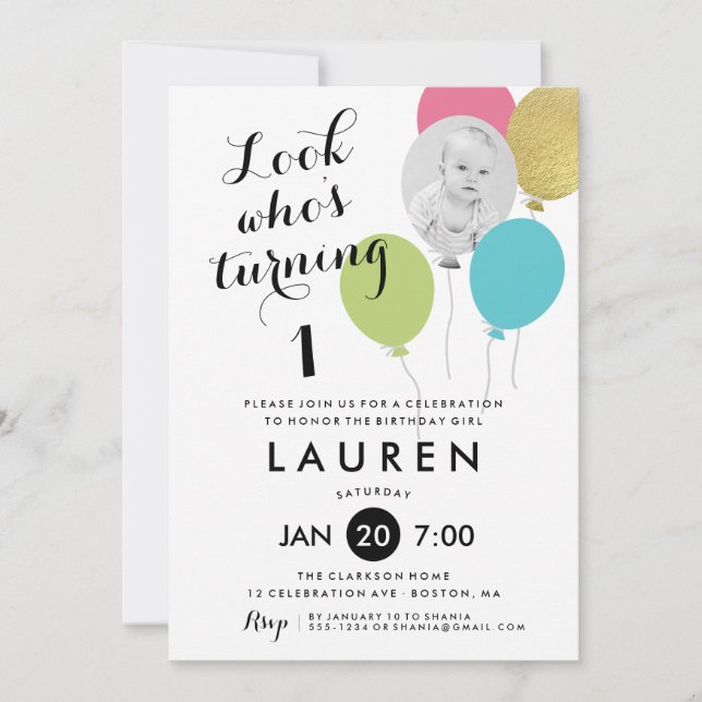 Invitación Globos miran quién se vuelve foto de fiesta de cum (Anverso)