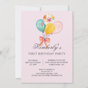 Invitación Globos Modernos Foto Personalizada Niña Cumpleaños