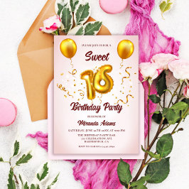 Invitación Globos modernos Purpurinas de oro rosado de Rubor 
