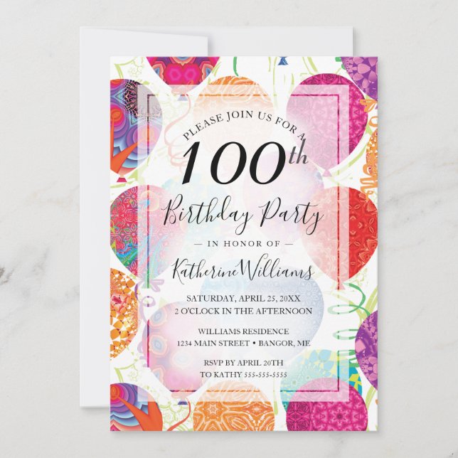 Invitación Globos modernos rosados morados 100 cumpleaños (Anverso)