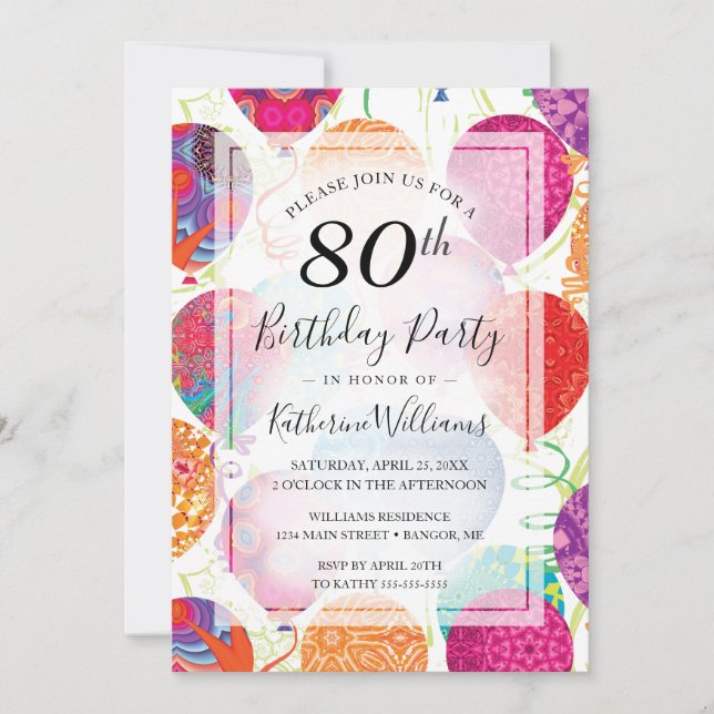 Invitación Globos modernos rosados púrpura 80 cumpleaños (Anverso)