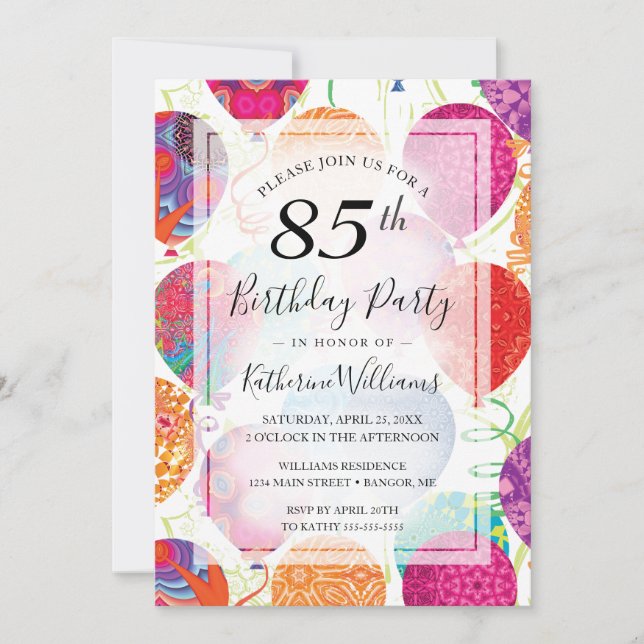 Invitación Globos modernos rosados púrpura 85ª fiesta de cump (Anverso)
