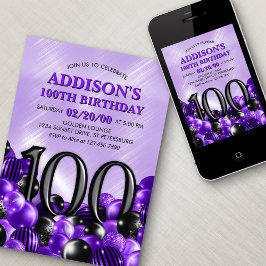 Invitación Globos Morado 100 cumpleaños