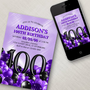 Invitación Globos Morado 100 cumpleaños